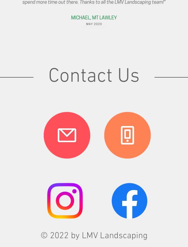 The Contact Us icons at the bottom of the LMV Landscaping homepage